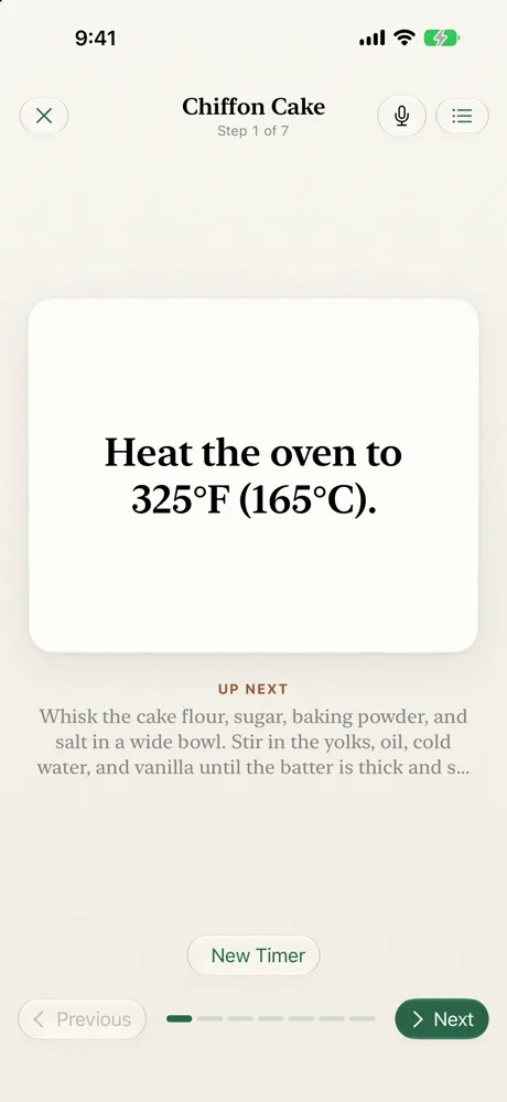 Cooking Mode on iPhone, showing one step at a time