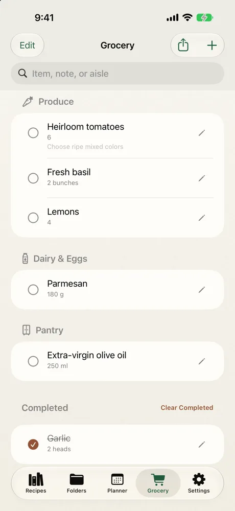 The grocery list, grouped by aisle