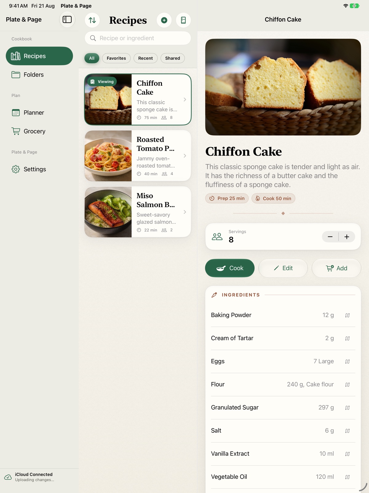 Plate and Page showing a recipe in its three-column iPad layout