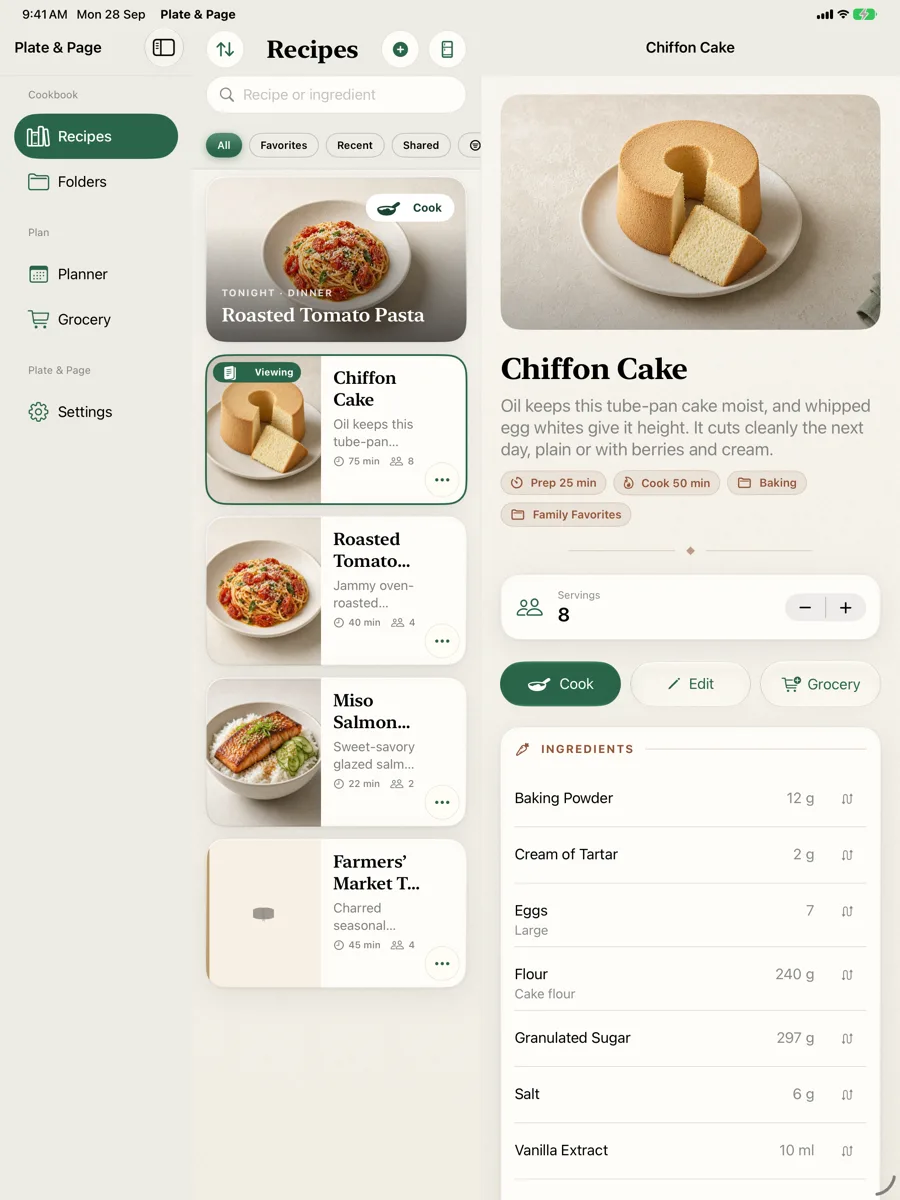 A recipe in the three-column iPad layout