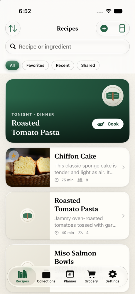 The Plate & Page recipe library on iPhone