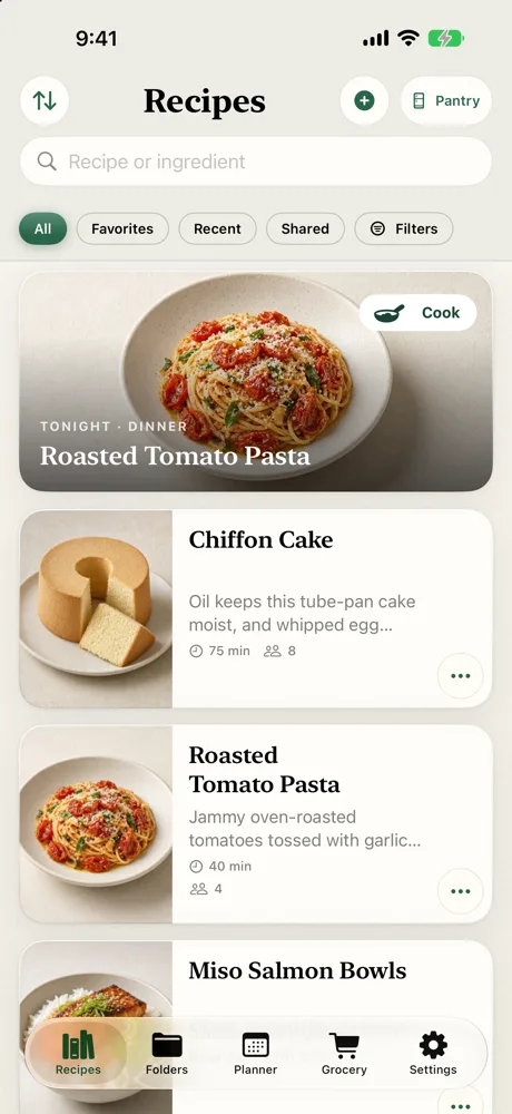 The Plate and Page recipe library on iPhone