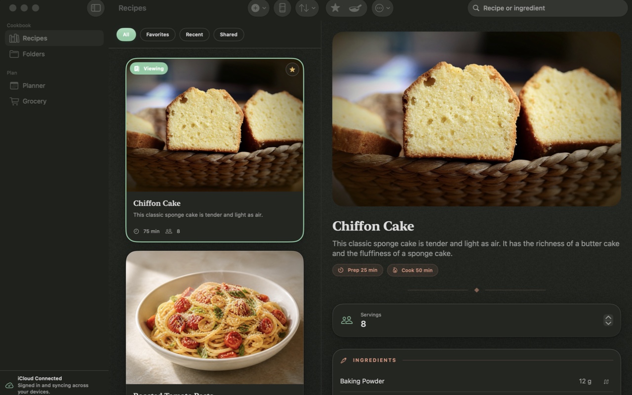 Plate and Page recipe library and recipe detail on Mac