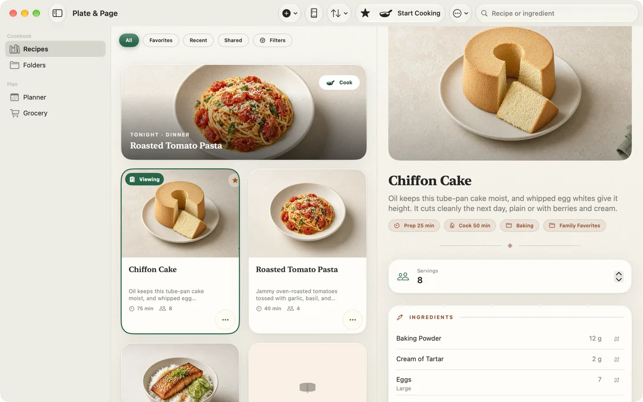 The recipe library beside a full recipe on Mac